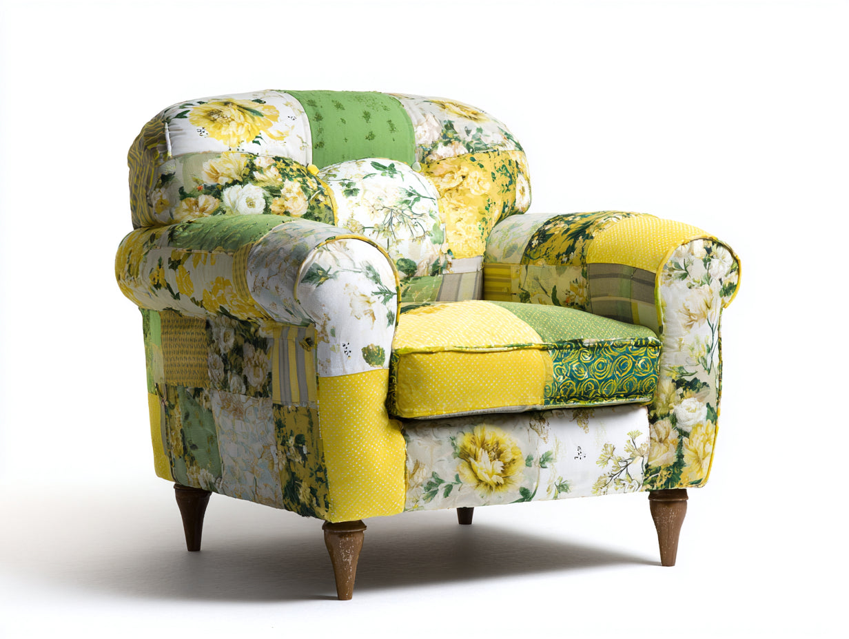 Sessel Patchwork Stoff 104x94x86 cm - Gelb-Grün - klassisches Design für Wohnzimmer