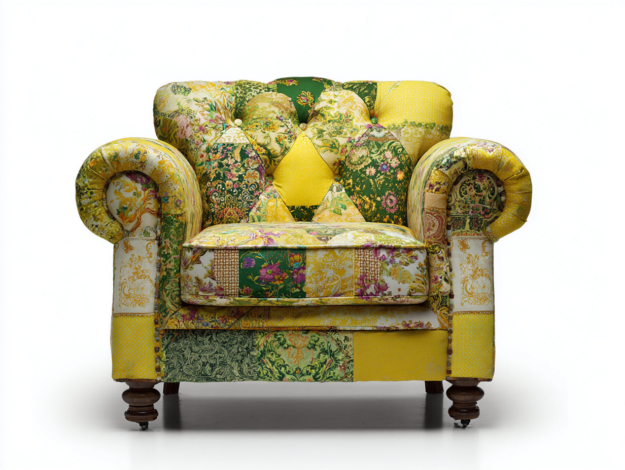 Sessel Chesterfield Stoff 108x90x88 cm - Gelb-Grün - Patchwork Design
