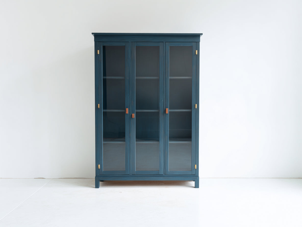 Vitrinen Holzschrank 120x42x178 cm - blau-transparent - mit 3 Glastüren