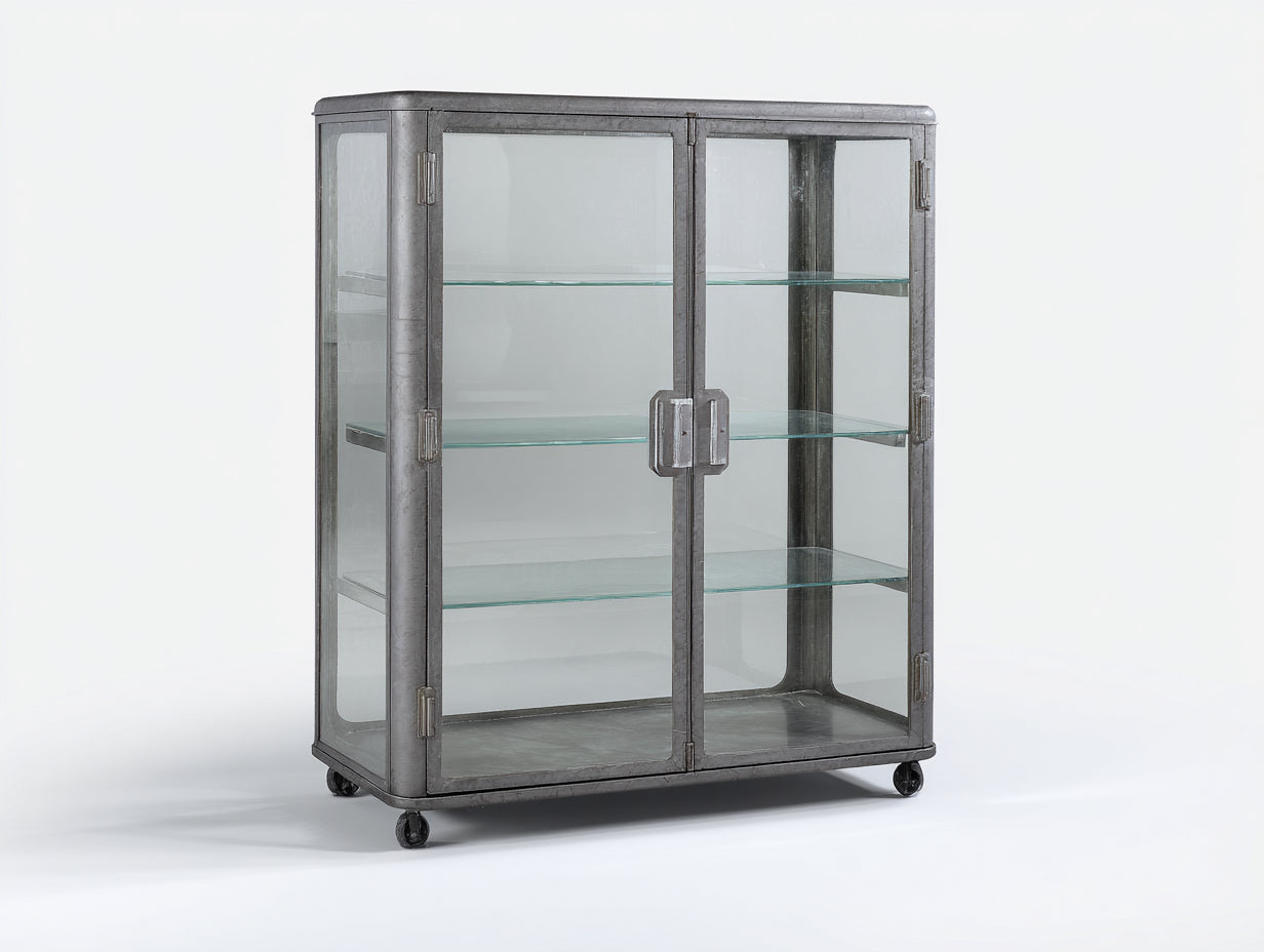 Vitrinen Metallschrank Glas 110x40x120 cm - Grau - Industrial Design mit Glastüren