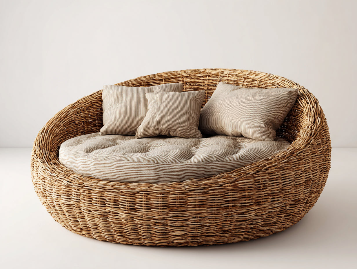 Gartensofa Rattan 210x105x88 cm - natur-beige - rundes Design für Garten und Terrasse