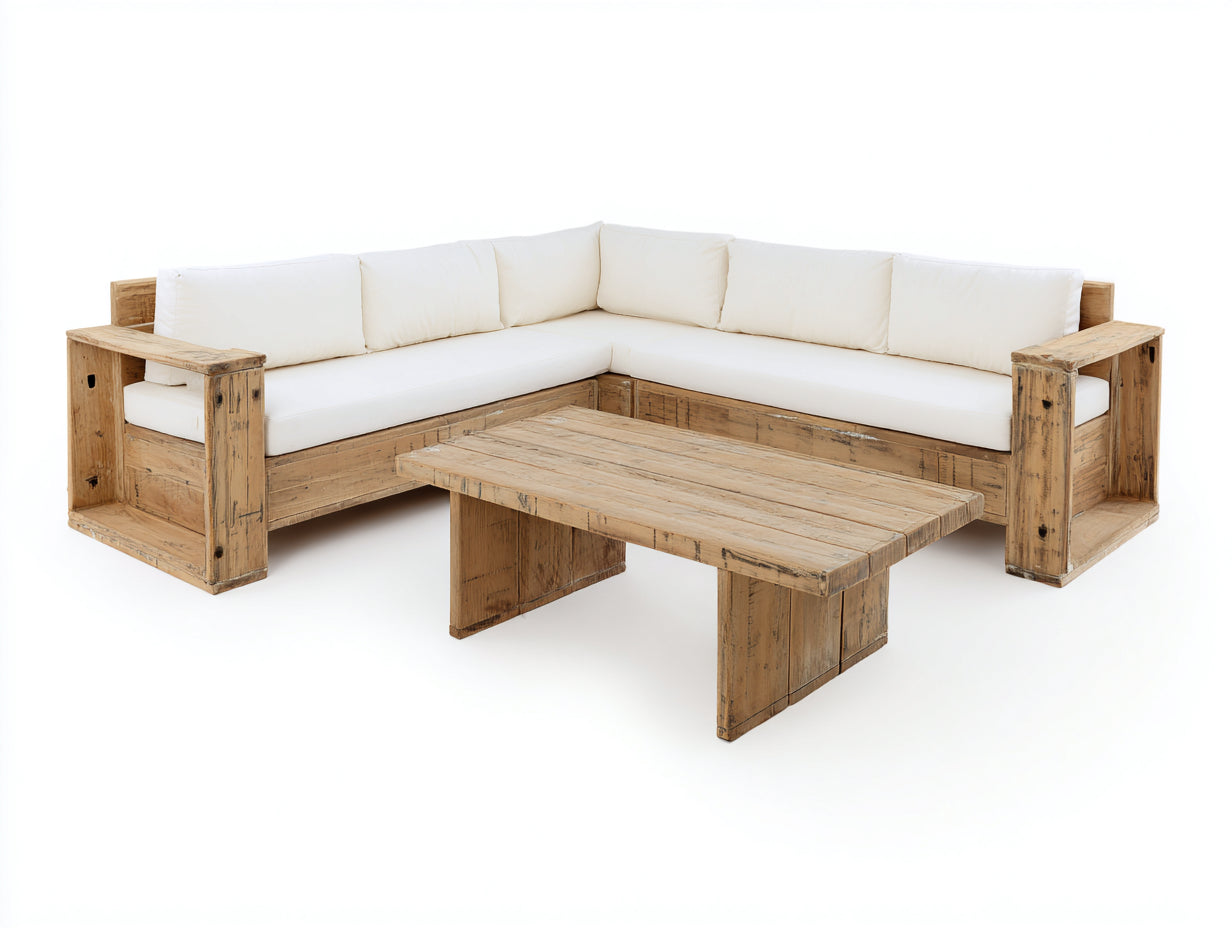 Gartensofa Ecksofa aus Massivholz 260x260x78 cm - Naturbraun-Cremeweiß - Rustikales Lounge-Design für Garten und Terrasse